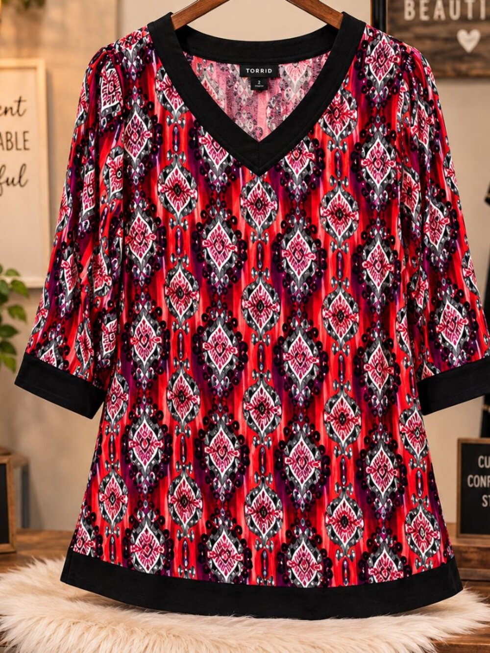 NEW DIRECTION  Womens Top Plus 1X Colorful Red/Black Paisley  3/4 Sleeve